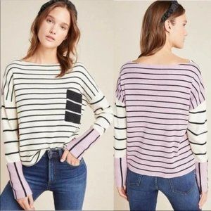 Anthropologie Faye Striped Sweater Purple White SZ L slouchy Alpaca Wool Cotton